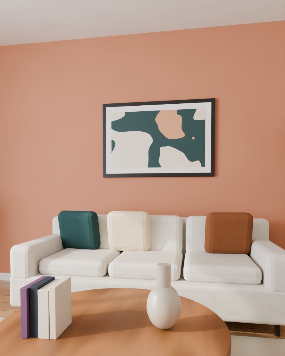 Sala de estar com parede de destaque pintada em terracota