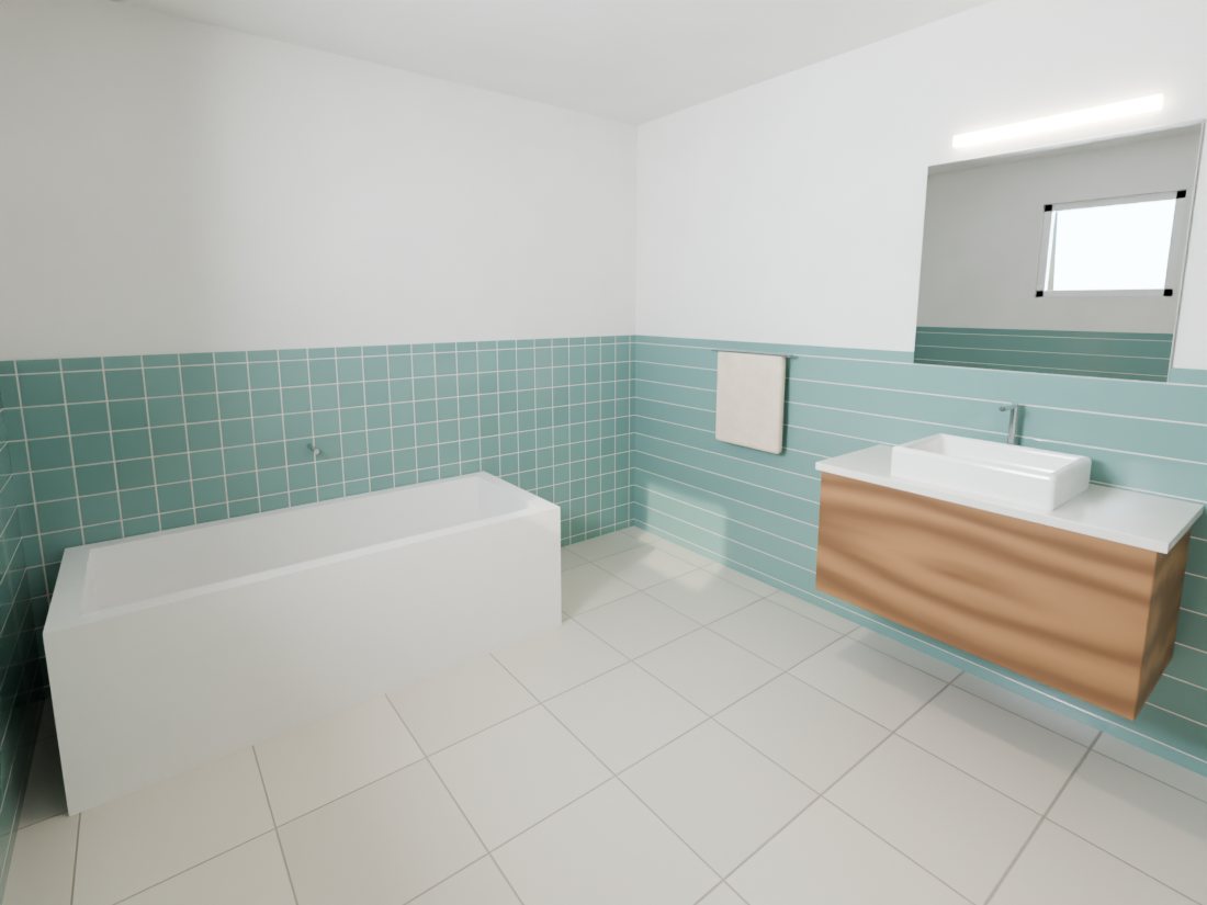 Casa de banho com azulejos pintados em verde-água