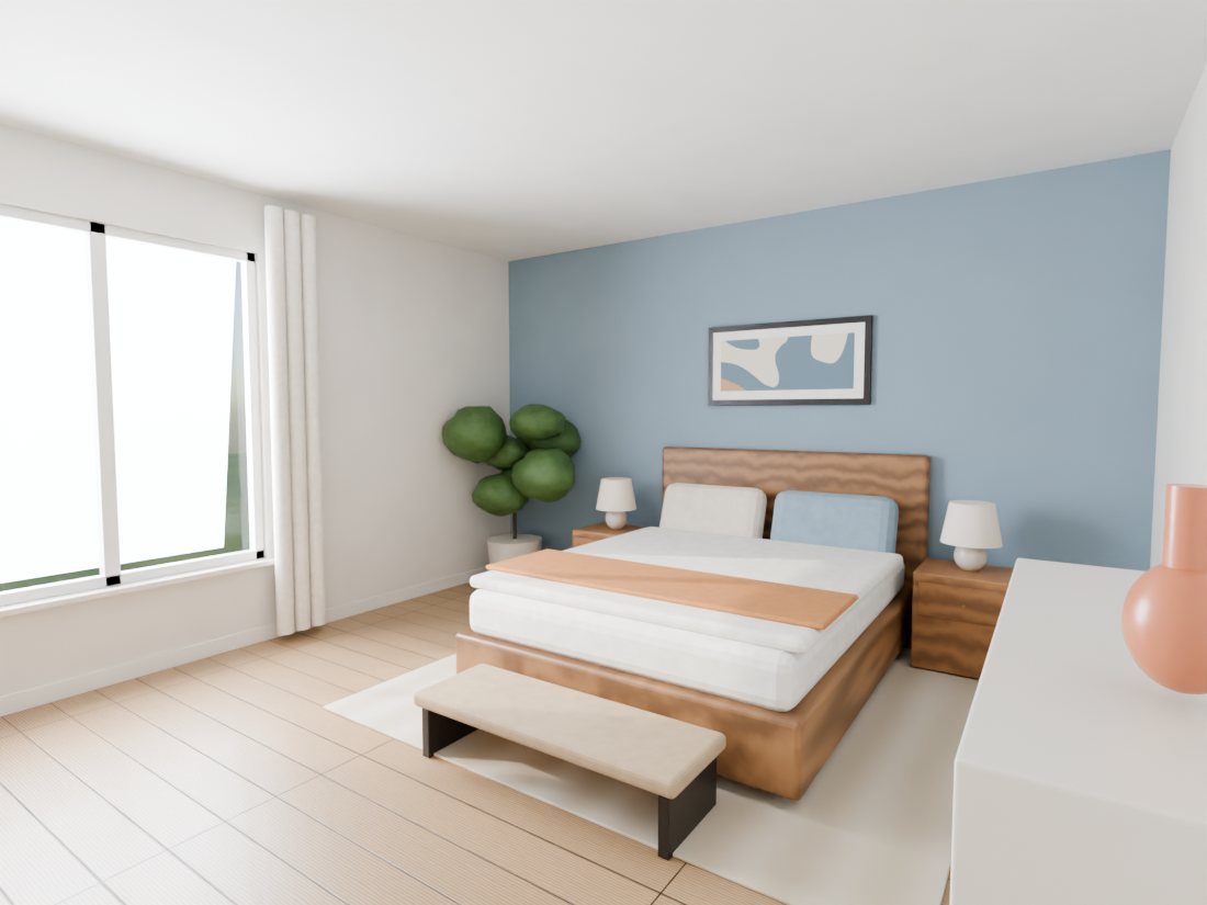 Quarto com parede de destaque pintada em azul acinzentado